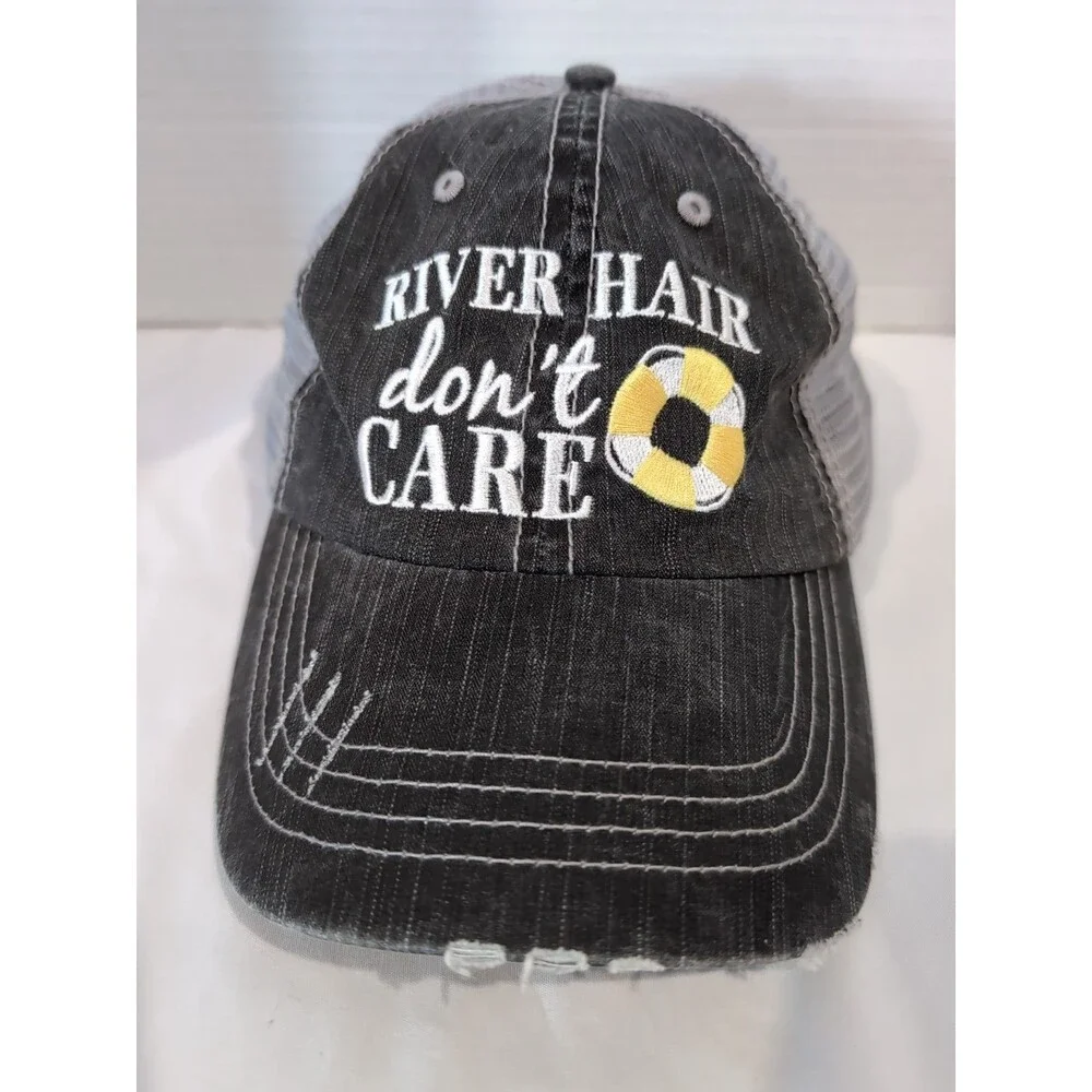 WOMEN'S RIVER HAIR DON'T CARE BLACK/GRAY TRUCKER HAT ADJUSTABLE STRAPBACK NWOT